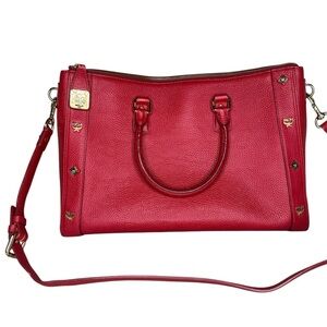 MCM Large Red Leather Studded Crossbody Tote Bag
